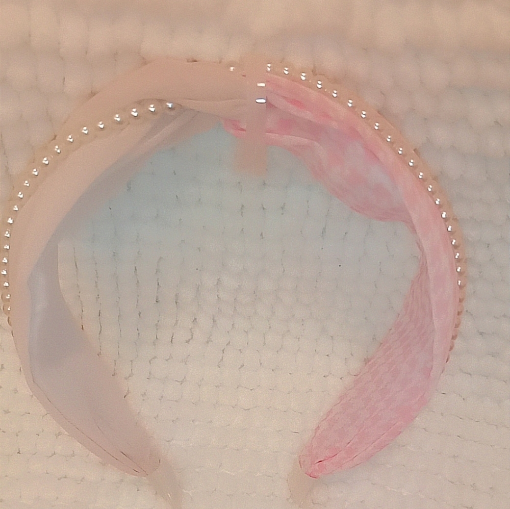 Preppy Elegant Pink Houndstooth & Pearl Knotted Wide Headband